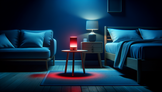 small red bedside lamp glowing softly in a dark, calm minimalist bedroom