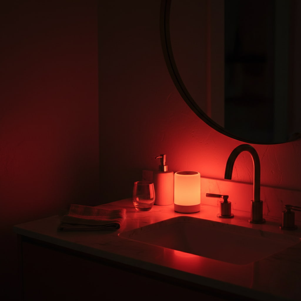 Portable 670nm red light lamp glowing on a bathroom sink countertop at night