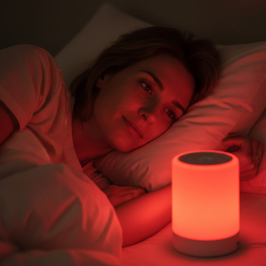 Woman relaxing in bed with a portable 670nm red light lamp creating a warm, calming glow